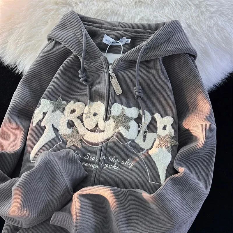 Fashion Embroidery Zip Up Hoodies Women Autumn Long Sleeve T