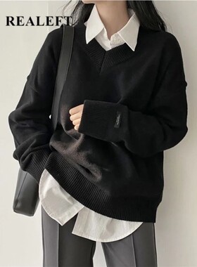 REALEFT Autumn Winter Black Oversize Women's Sweater 2025 Ne