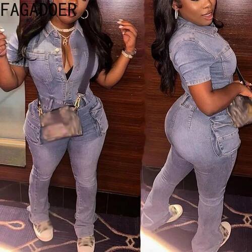FAGADOER Blue Denim Jumpsuits Women Fashion Short Sleeve Lap