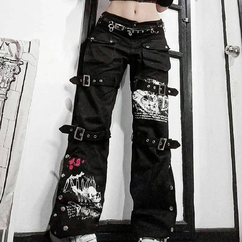 E-girl Gothic Black Cargo Pants Capri Women Low Waist Jeans图片