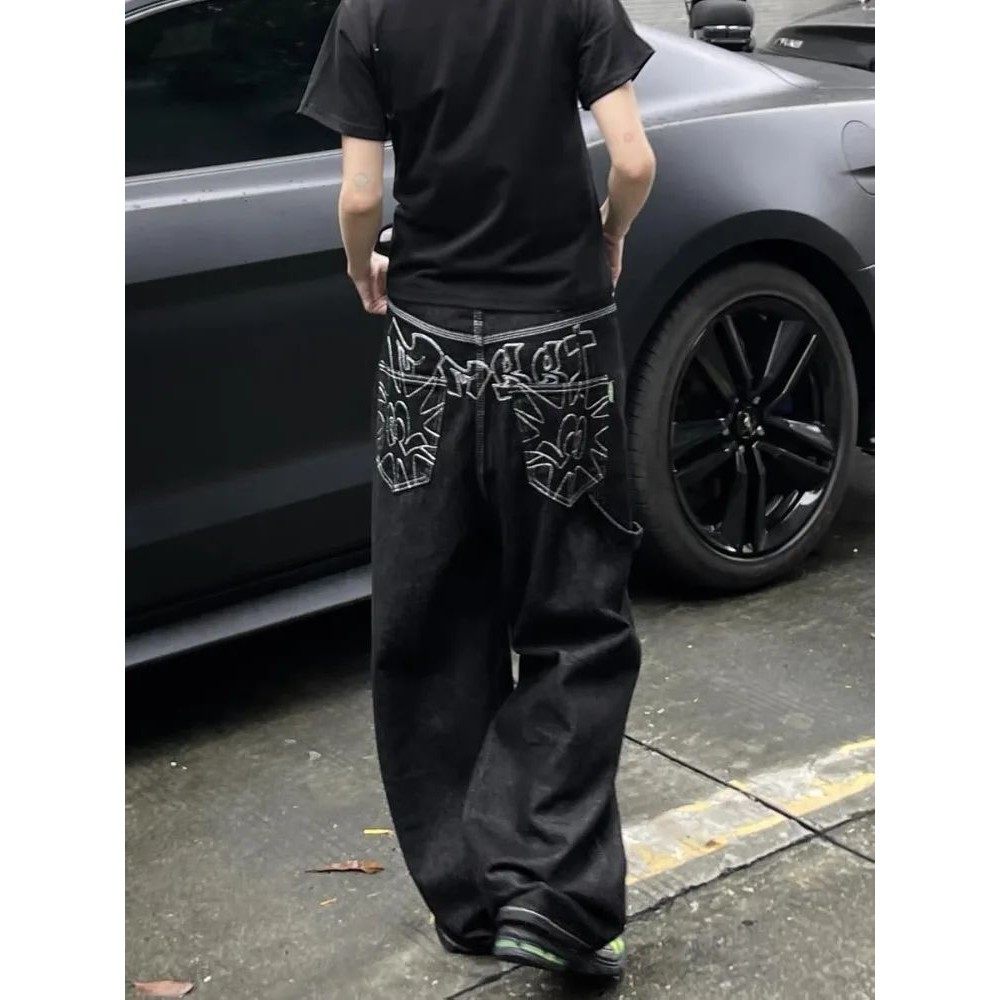 HOUZHOU Vintage Embroidery Black Jeans Women Oversized Stree图片