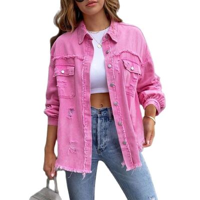 2025 Holes Raw-edges Denim Jacket Women Spring Autumn Shirt