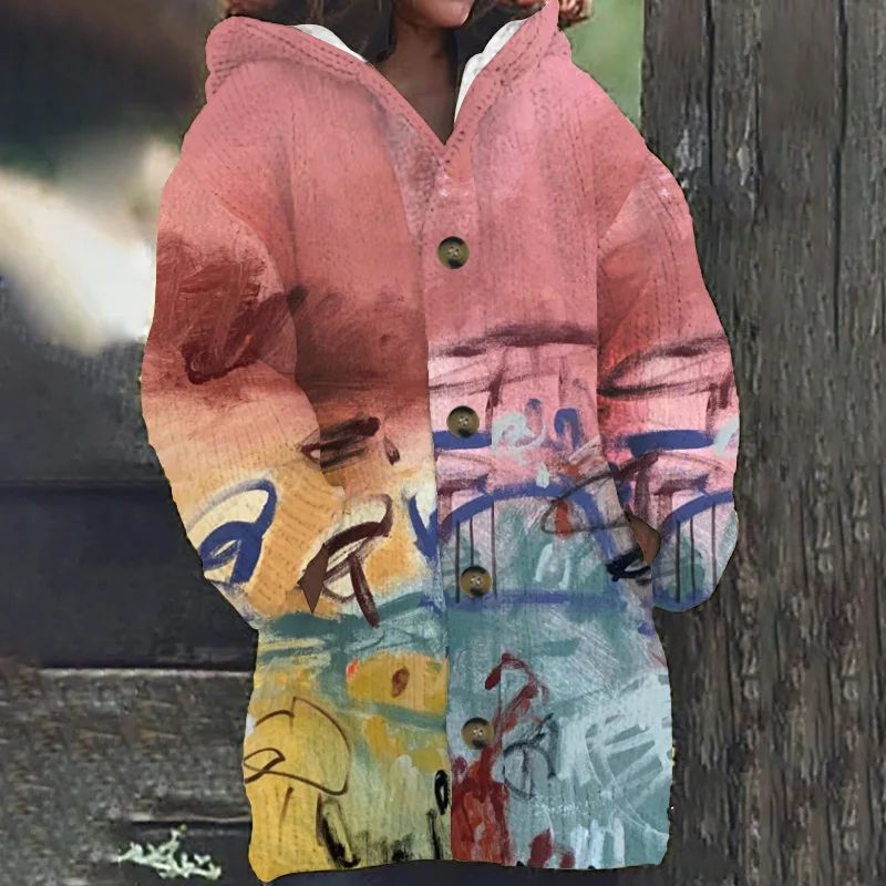 Fashionable Digital Print Creative Button Women's Open Cardi