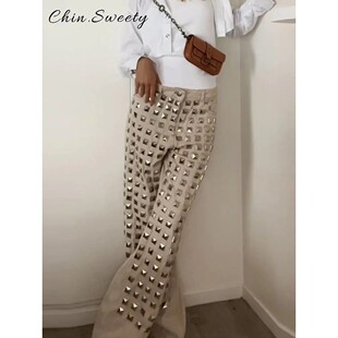 Trousers Women Solid Vintage Pockets Denim Buttons Sli Rivet