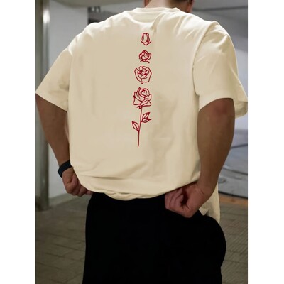 Men's Summer Loose Fit  100 Cotton Rose pattern Print T-shir