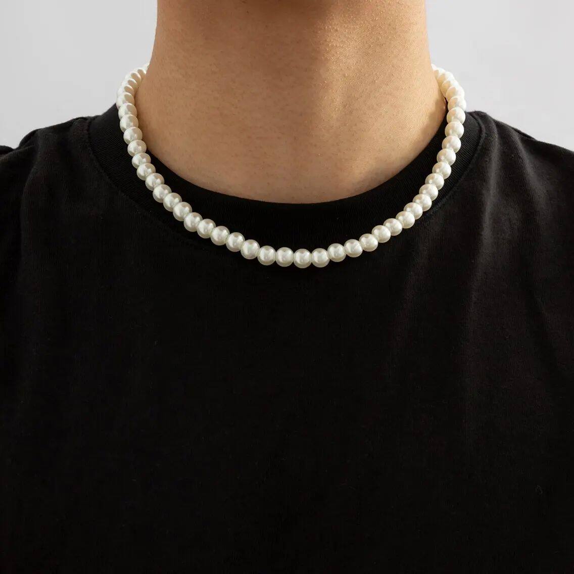 Simple Imitation-Pearl Beaded Short Choker Necklace for Men