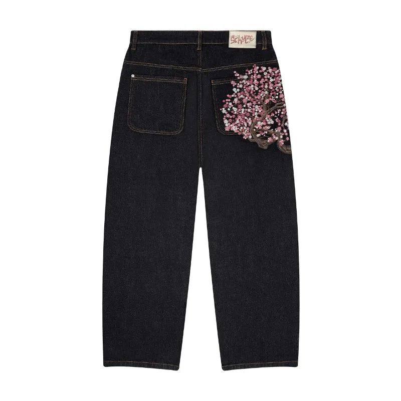 Y2K Harajuku jeans Goth vintage plum blossom embroidery patt