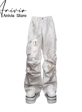 Women Off white Baggy Cargo Pants Vintage Harajuku Y2k Aesth