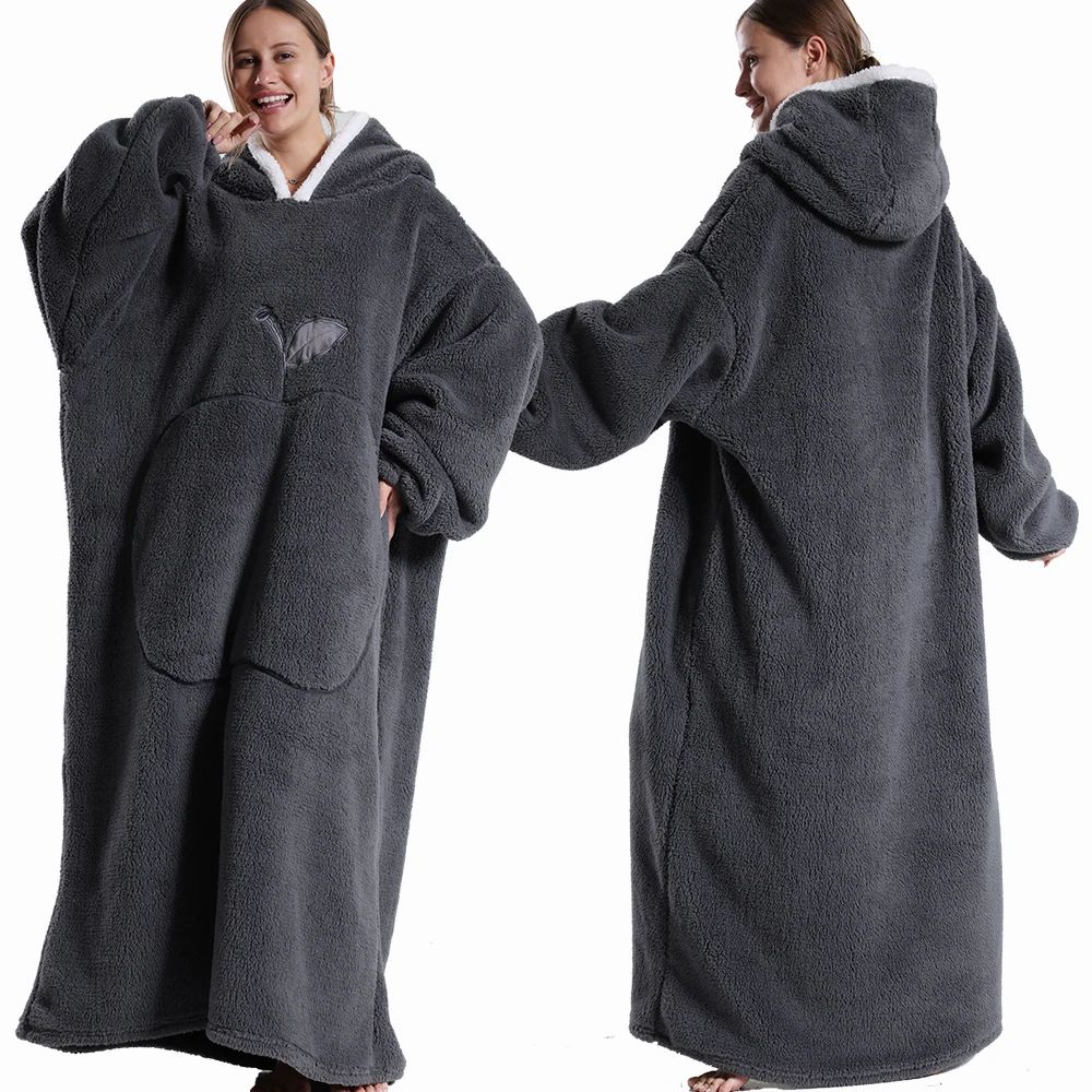 Extra Long Wearable Blankets Winter Flannel Hooded Blanket w