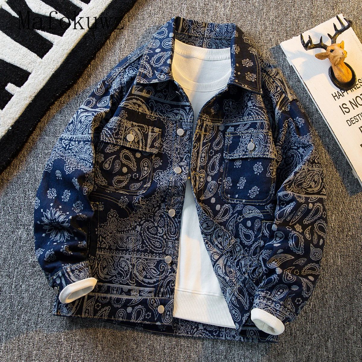 Autumn Retro Ethnic Style Jacquard Denim Jackets Men's Hands