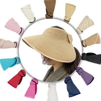 New Women Summer Visors Hat Foldable Wide Large Brim Bowknot