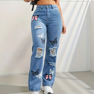 Trousers Denim Women Holes Straight Butterfly Jeans Printing