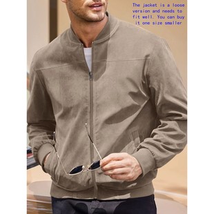 Men's suede nap fabric casual jacket Round neck zipper Solid