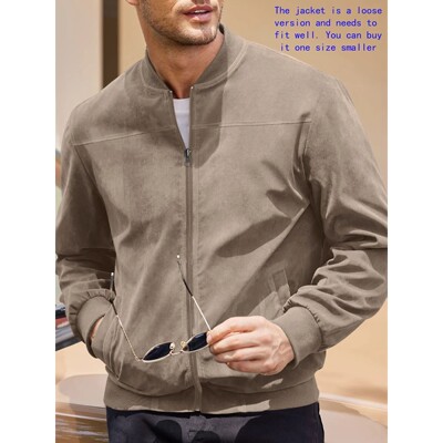 Men's suede nap fabric casual jacket Round neck zipper Solid