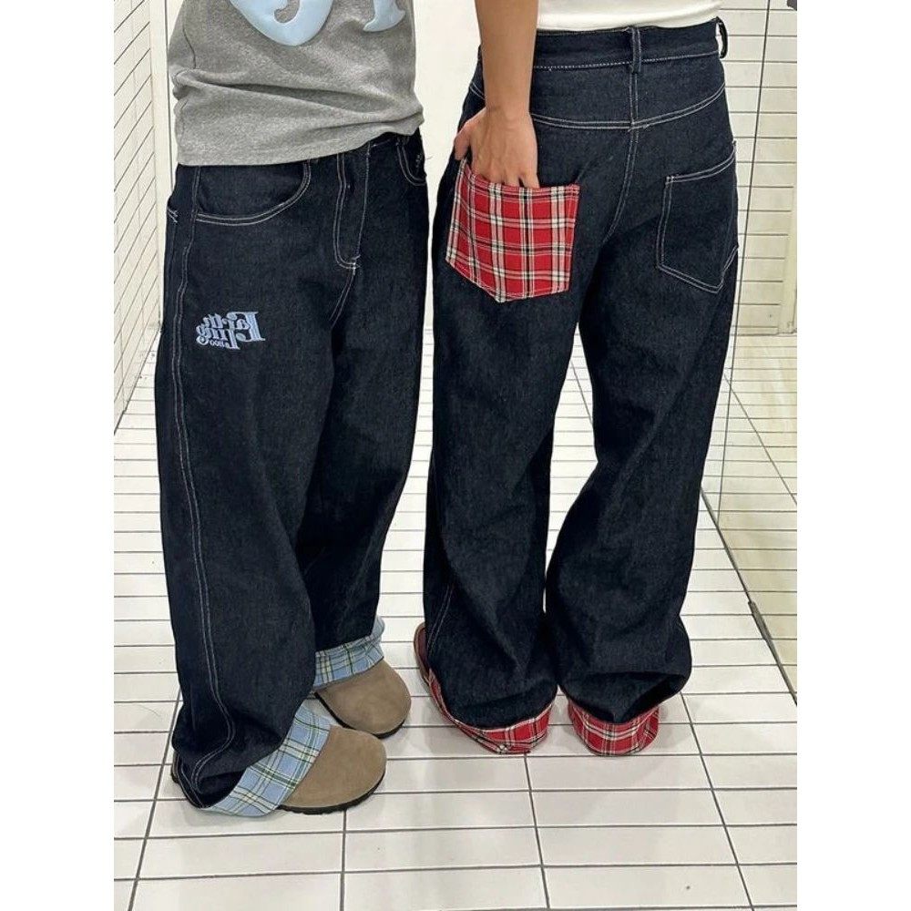 American retro plaid patchwork rolled edge women jeans high