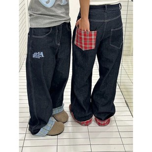 patchwork rolled edge American jeans plaid women high retro