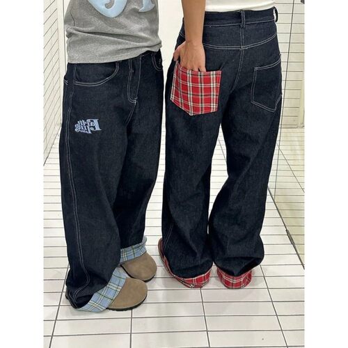 American retro plaid patchwork rolled edge women jeans high