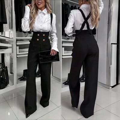Autumn Winter New Women Suspender Trousers Wide Leg Jumpsuit
