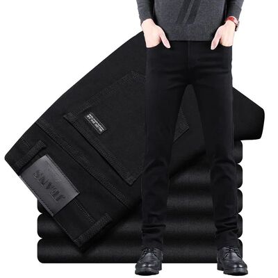 Spring Autumn New Men's Pure Black Slim Jeans Elastic Straig