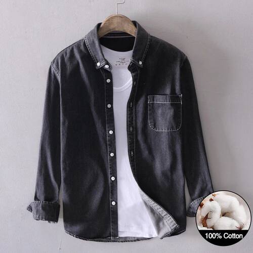 100% Cotton Black Denim Shirt Men's Spring New Fashion Korea