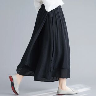 Women's Wide Leg Pants Cotton Linen Drapey Nine Points Skirt