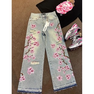 Hip Retro Blossom Cherry Hop Women Men Jeans Harajuku Y2k