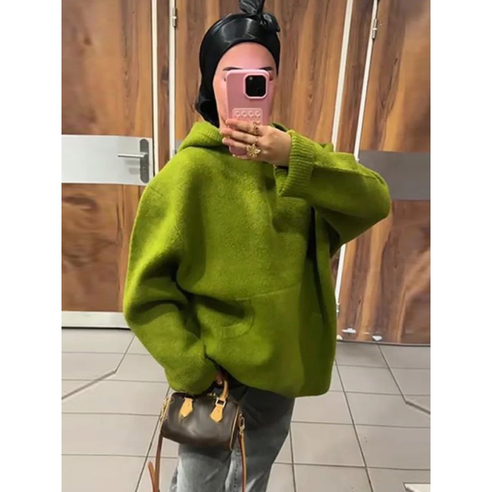 Soft  Solid Knit Hooded Loose Sweater Slouchy Long Sleeve Dr