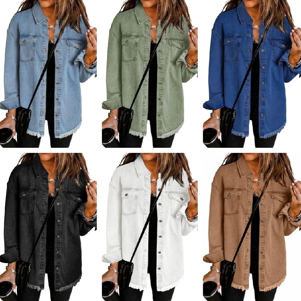 Washed Denim Jacket Women Autumn Tassel Lapel Jeans Jacket F
