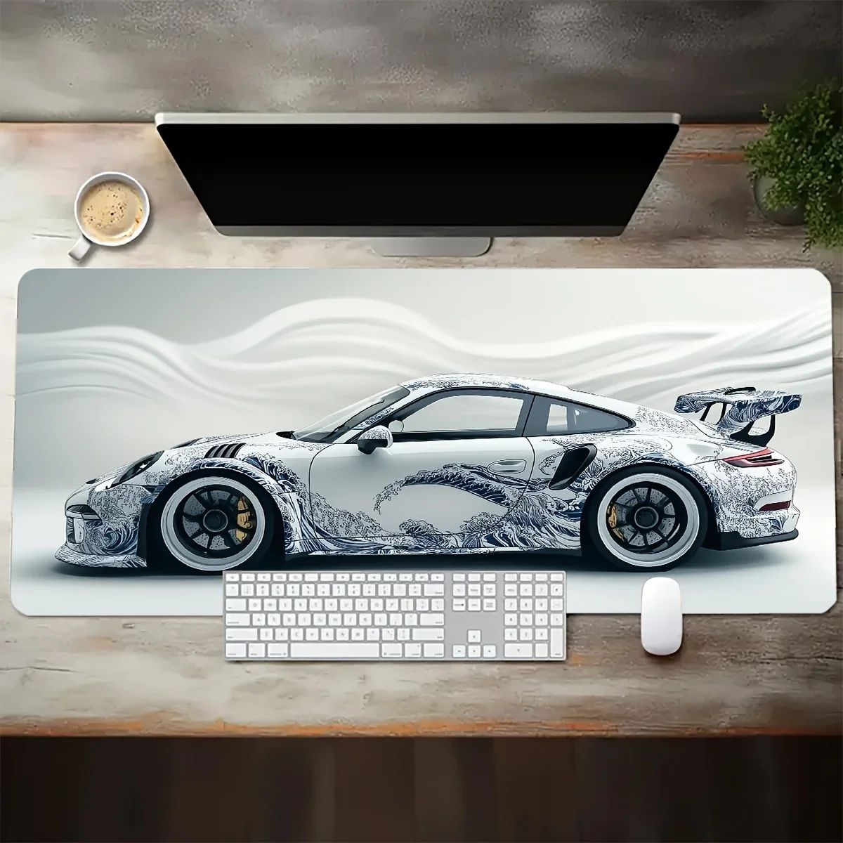 Large White Sports Car Design Gaming Mouse Pad Anti-Slip Rub