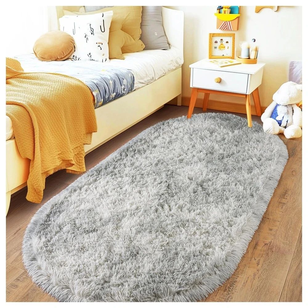 Tie Dye Light Gray Carpet Oval Fluffy Plush Bedside Mat Chil