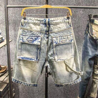 Vintage Hole Denim Shorts Men Multi Pocket Patchwork Cargo S