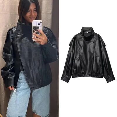 TFMLN Chic Black Faux Leather Jackets Women Long Sleeve Butt