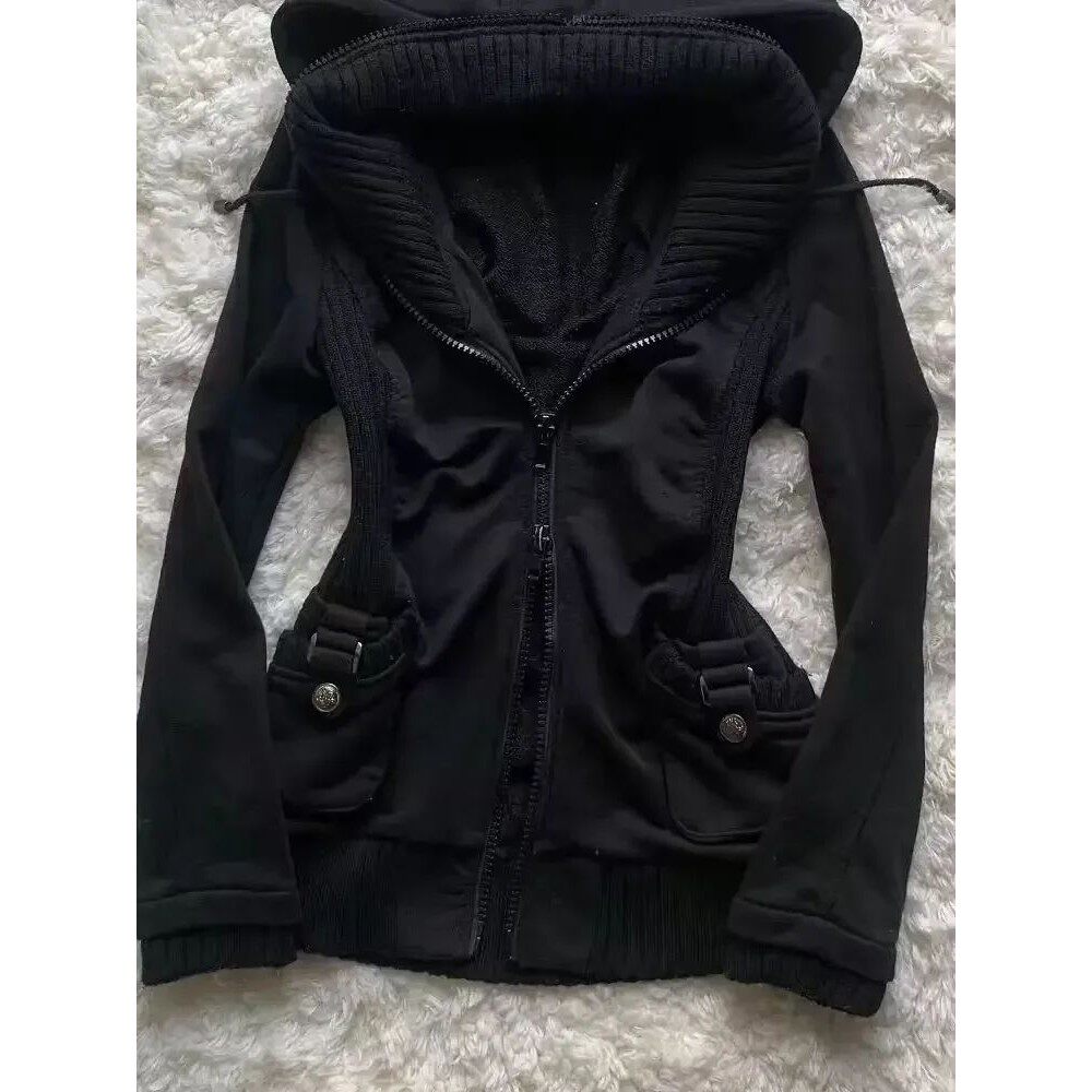 Casual Pure Cotton Retro Womens Black Zipper Hoodie 90s Goth