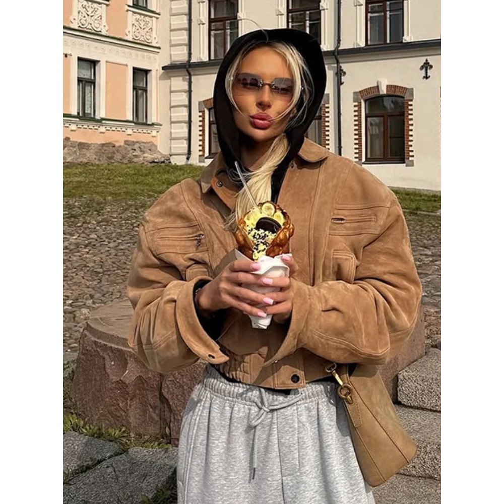 Fashion Brown Short Suede Jacket Women Chic Lapel Long Sleev图片