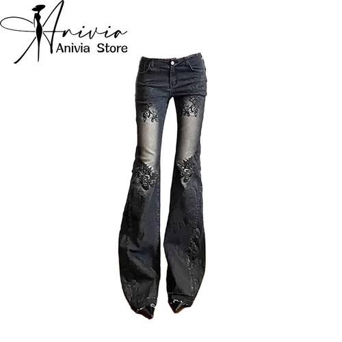 Women Gothic Y2k Flare Jeans Harajuku Baggy Denim Trousers 9