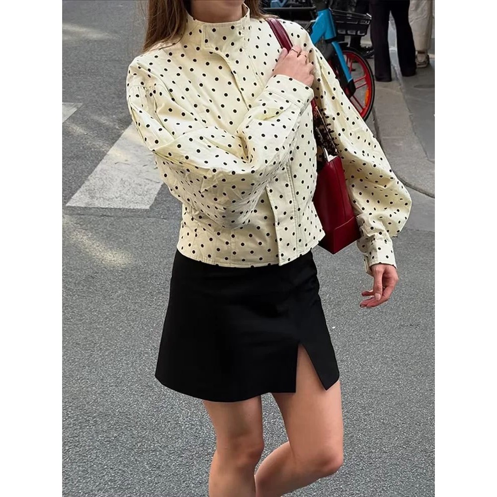 Polka Dot Stand Neck Short Jackets Women Fashion Long Sleeve图片