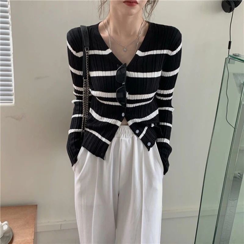 Y2k Stripe Women Cardigan Korean Knitted Slim Button Female