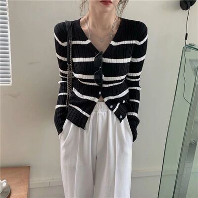 Y2k Stripe Women Cardigan Korean Knitted Slim Button Female