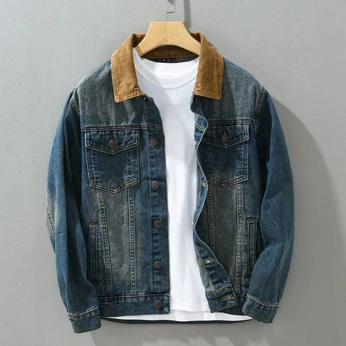 Patchwork Denim Jackets for Men Spring Autumn American Vinta