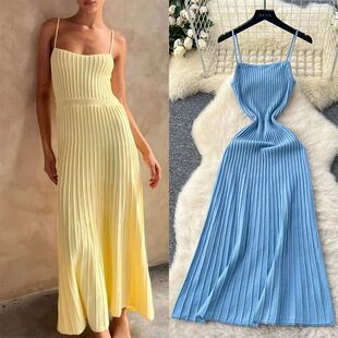 Dress High Waist Knitted Sling Long Midi Elega Pleated