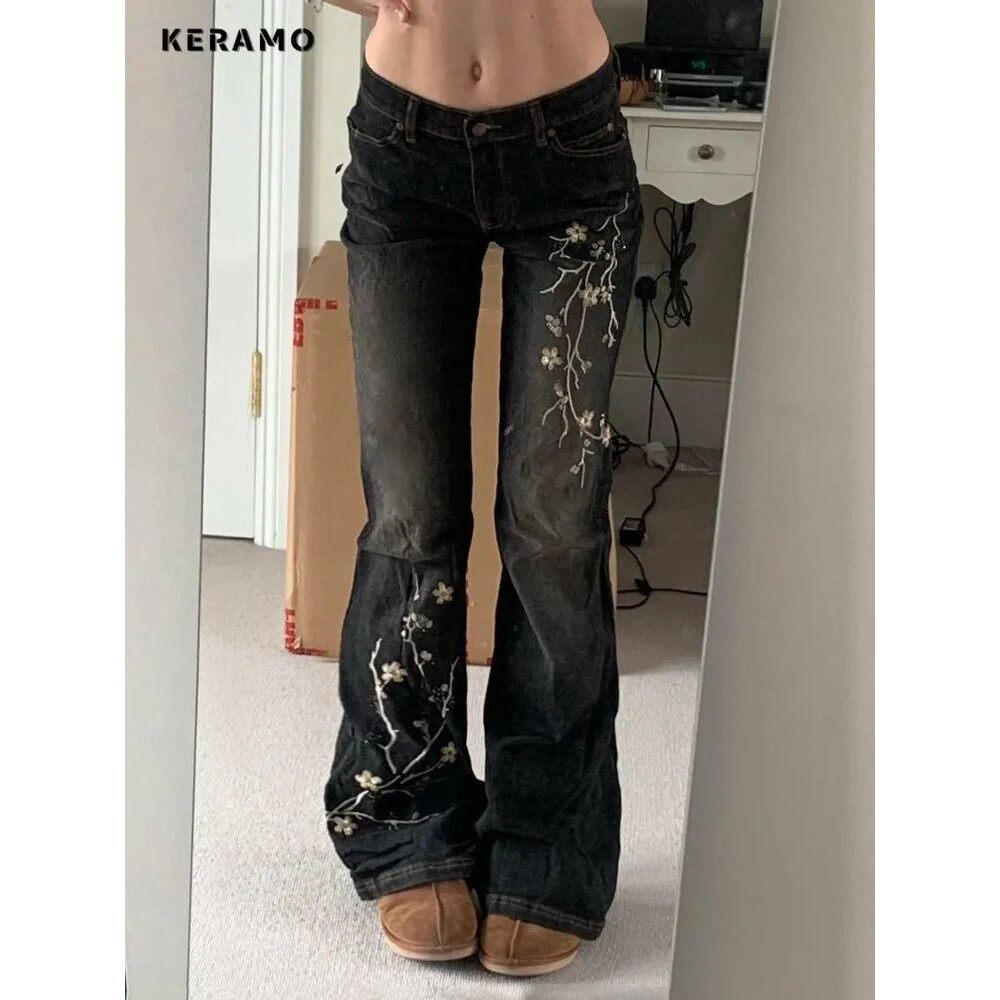 Weekeep Floral Embroidery Jeans Vintage 2000s Low Rise Flare