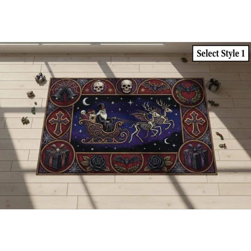 Mystical Winter Night Carpet, Bone Reindeer Sled Rug with Oc
