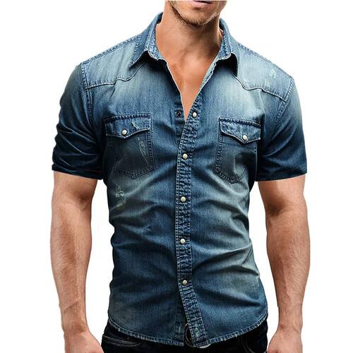 Men Summer Denim Thin Shirt Short Sleeve Soft Cotton Two Poc