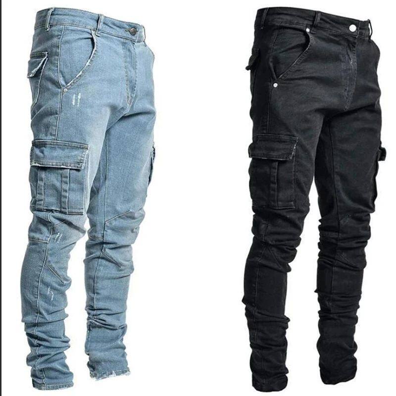 Men Street Elastic Denim Jeans Wash Solid Color Multi Pocket