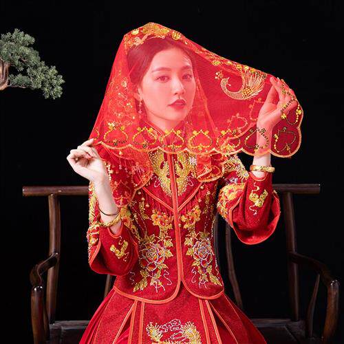 红盖头新娘结婚礼秀禾服高级红色头纱出嫁纱巾高档蒙头红中式