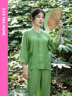 国风冰丝家居服套装 宜色家兰精天丝双层纱睡衣女士绿色夏季 新中式