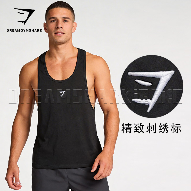 GYM肌肉鲨鱼刺绣字母男背心运动综合训练弹力显壮跑步健身服吊带图片