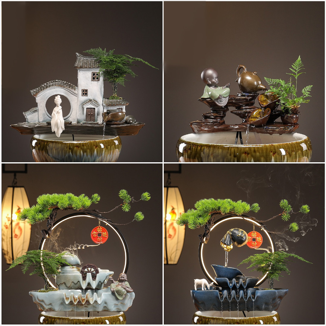 自动循环水鱼缸增氧过滤器鱼盆室内家用陶瓷假山造景招财流水摆件