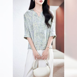 商场同款真丝桑蚕丝短袖女t恤女款2026新款宽松小衫短款妈妈夏装