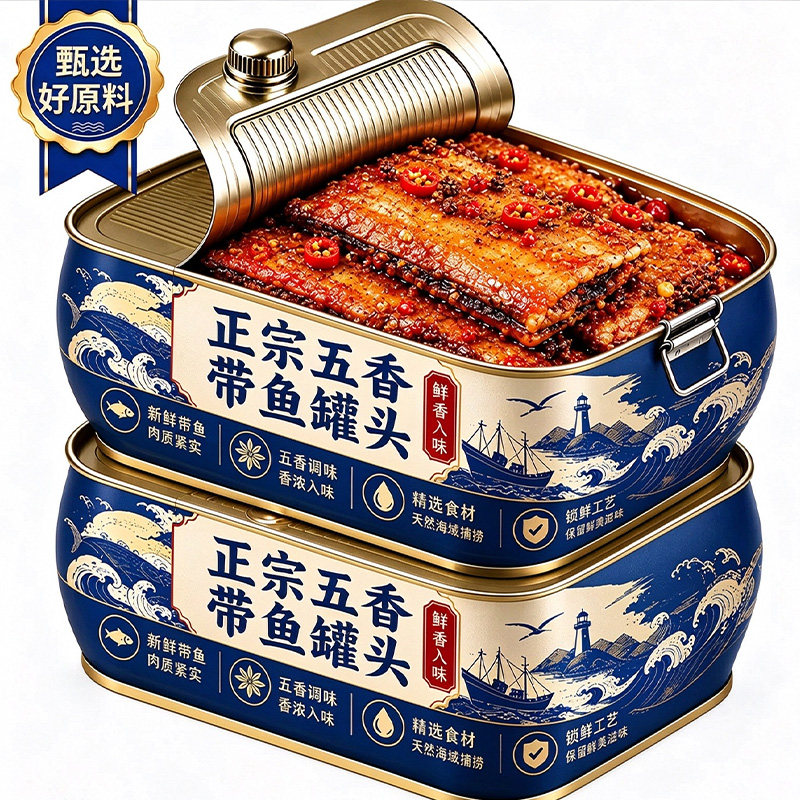 渤海湾五香带鱼罐头即食下饭带鱼罐装刀鱼肉海鲜罐头鱼零食品批发